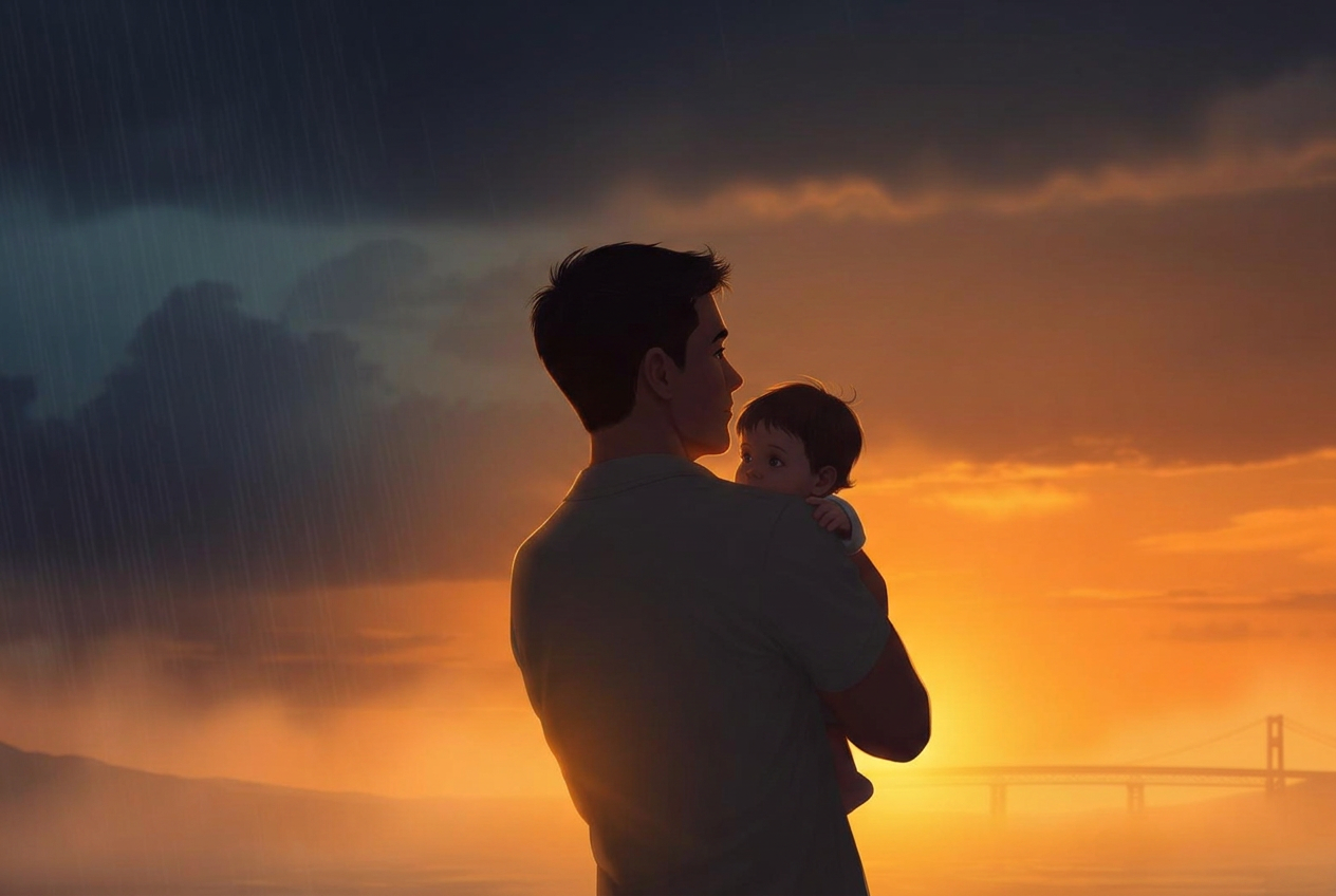 A parent and child walking together toward morning light, with a bridge on the horizon